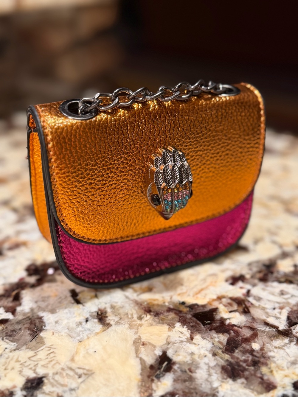 Kurt Geiger NWOT Metallic Orange & Fuchsia Leather Mini Crossbody Jeweled Clasp